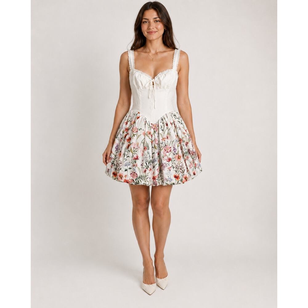 White Floral Corset Dress M Bustier Bubble Skirt Cottagecore Coquette Fit A-Line - Picture 2 of 9